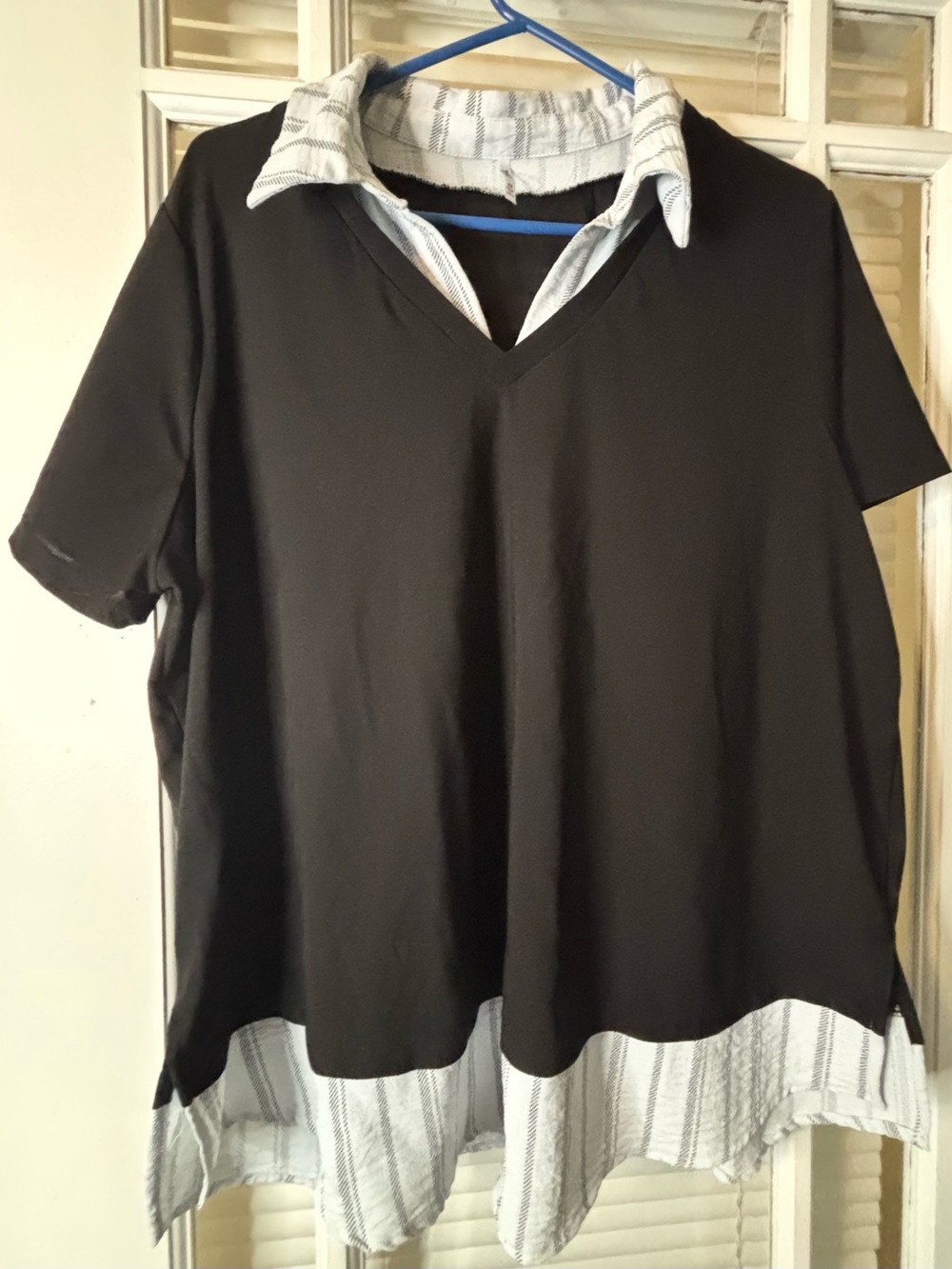 Black Layered-Look V-Neck Top with Striped Hem